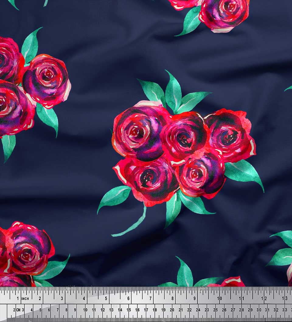 Soimoi Toile de Soie Bleu Feuilles & Imprimé Floral Rose par Yard 42 Pouces de Large