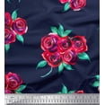 thumbnail image 1 of Soimoi Tissu Satin Modal Bleu Feuilles & Roses Imprimé Floral au Mètre 42 Pouces de Large, 1 of 3