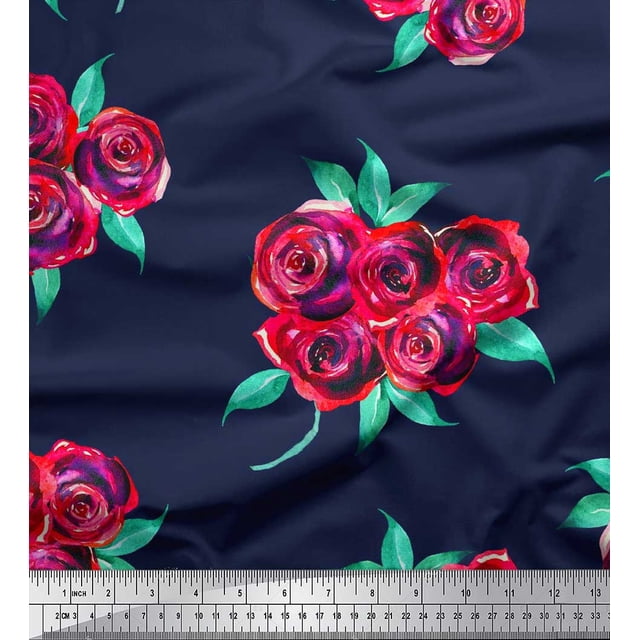 Soimoi Tissu Satin Modal Bleu Feuilles & Roses Imprimé Floral au Mètre 42 Pouces de Large