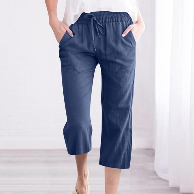 DPTALR Womens Casual Solid Color Elastic Loose Pants Straight Wide Leg Trousers With Pocket