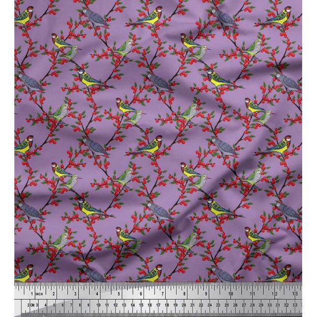 Soimoi Moss Georgette Fabric Leaves,Red Berries & Parrot Bird Decor Fabric Printed Yard 42 Inch Wide