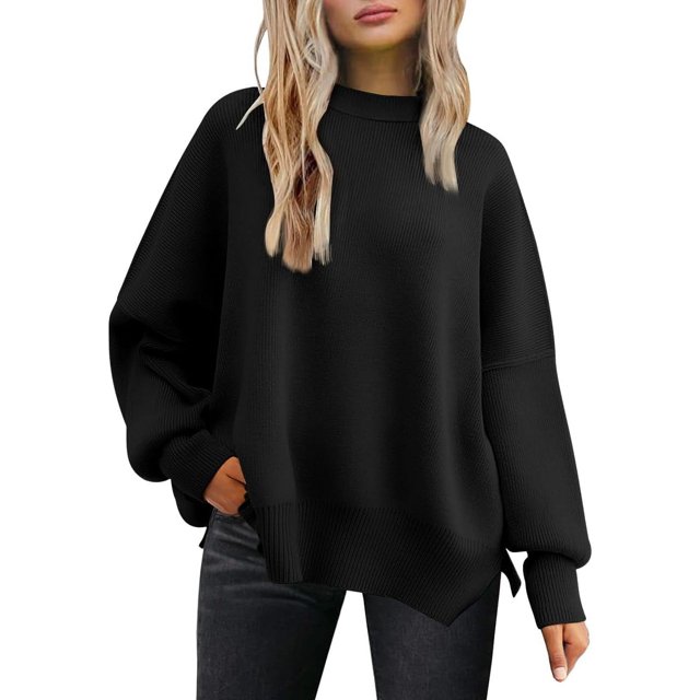 ORUYROP Women's Crewneck Batwing Long Sleeve Sweater 2023 Fall Oversized Ribbed Knit Side Slit Pullover Top