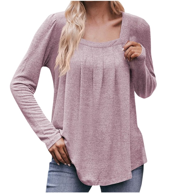 AherBiu Tuniques pour Femmes à Manches Longues d'Automne, Blouses à Encolure Carrée, Chic Décontracté, Froncées, Coupe Ample