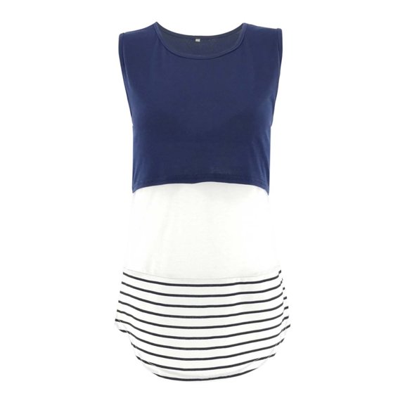 Grrvtrz Women's Maternity Nursing Tank Tops Sleeveless Scoop Neck Breastfeeding Shirt Striped Stitching Double Layer Pregnancy Clothes