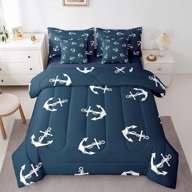 Erosebridal Ensemble de Literie Rétro à Ancre Format Double, Ensemble de Lit à Thème Nautique, Décor de Chambre Blanc et Marine, Réversible 7 Pcs