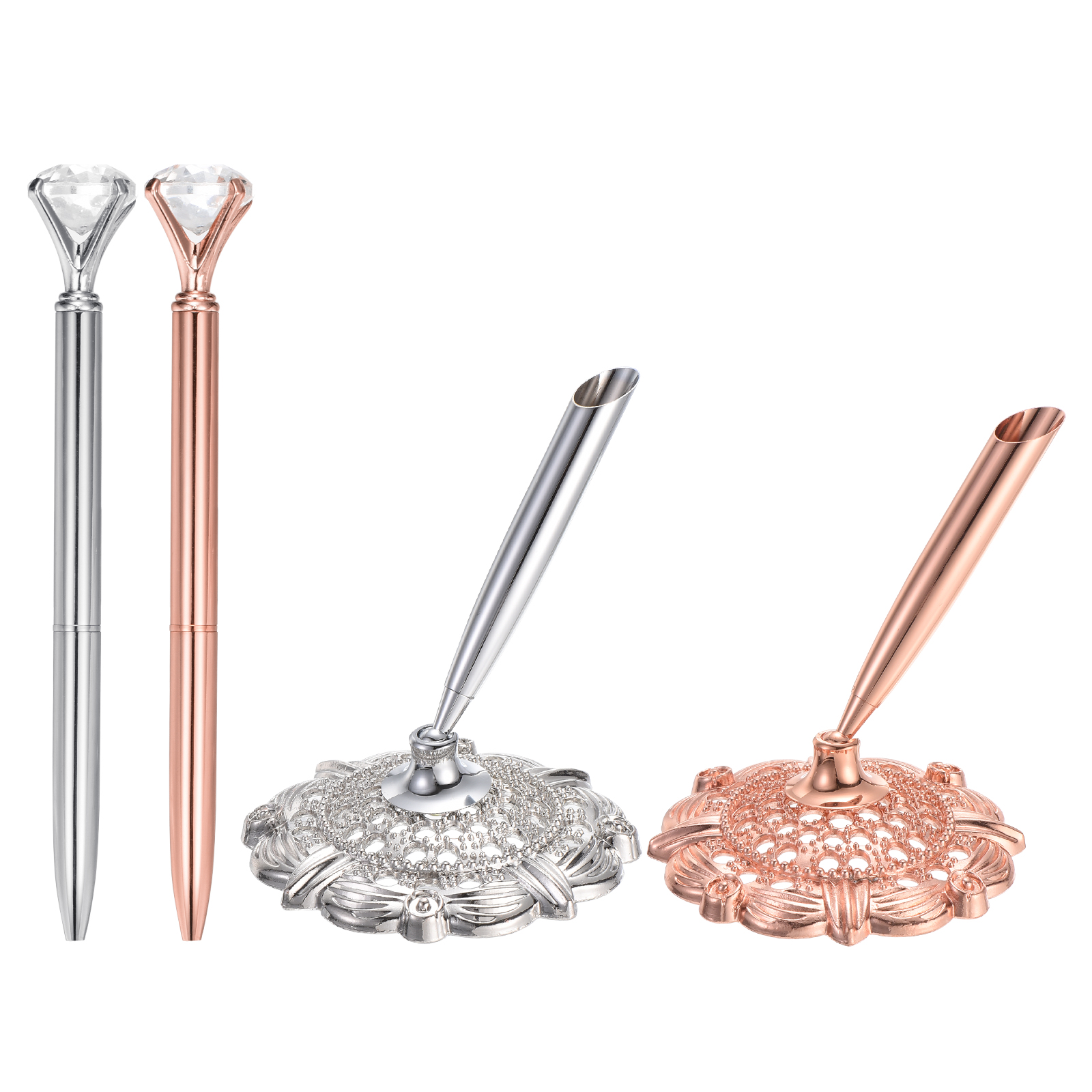 Uxcell 2 Pcs Hollow Round Pen Holder Sign Pen Set, Wedding pen with Big Crystal Diamond for Wedding Guests Book, Silver Tone, Rose Gold