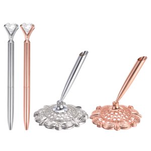 Uxcell 2 Pcs Hollow rond stylo de porte-sign stylo ensemble, stylo de mariage avec grand cristal diamant pour les invités de mariage Livre, ton argent, Rose or
