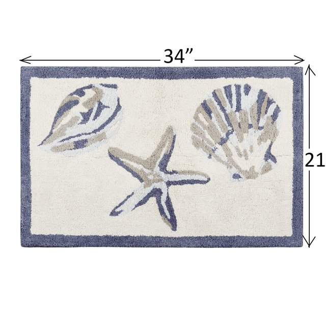 510 Design Bayside 100% Cotton Tufted Non-Slip Absorbent Ultra Soft Seashells Beach Style Bath Mat Bathroom Rugs 21X34 Inches Blue