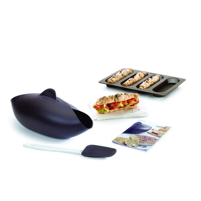 Lekue Bread Starter Kit including a black platinum silicone bread maker bowl that promotes moist dough and crusty texture, a black silicone spatula with white handle, a mini baguette tray with three golden baguettes, a fresh lettuce and tomato sandwich on baguette bread, and a recipe booklet, all on a white background.