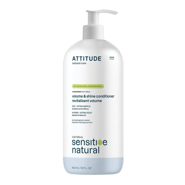 ATTITUDE Avoine Sensible Naturel, Revitalisant Volume et Brillance, Non Parfumé, Bouteille de 946 ml avec Distributeur à Pompe Blanc, Comprenant 98,7 % d'Ingrédients d'Origine Naturelle, Dont l'Avoine pour Apaiser le Cuir Chevelu Sec et des Protéines de Soya pour Ajouter du Volume et de la Brillance, Formule Végane et Testée Dermatologiquement pour Cuirs Chevelus Sensibles.