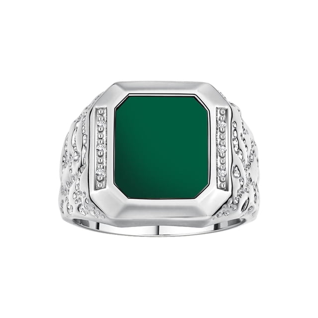 RYLOS Men's Rings 14K White Gold Ring With Diamonds and GREEN QUARTZ Set in Designer Nugget Style Rings For Men Size 9