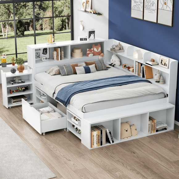 Full Size Daybed, Multifunctional Storage Bed Frame with Under-Bed Storage Drawers, Built-in Bookcase & Storage Cupboard, Space-Saving Kids/Teen Bed, Mattress Not Included, White