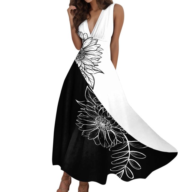 TJAZFJPA Robes de Soirée pour Femmes Femmes Été Aguichant Col en V Profond Formel Sans Manches Longue Robe Dégradé Fermeture Éclair Robes Évasées Robes Africaines pour Femmes Robes Blanches Formelles pour Femmes