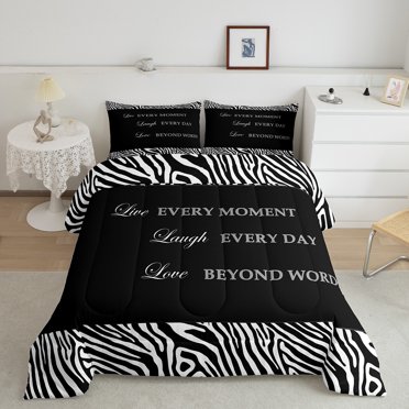 Erosebridal Zebra Print Bedding Full Comforter Set, Inspirational Words Down Comforter, Black White, 3 Pieces