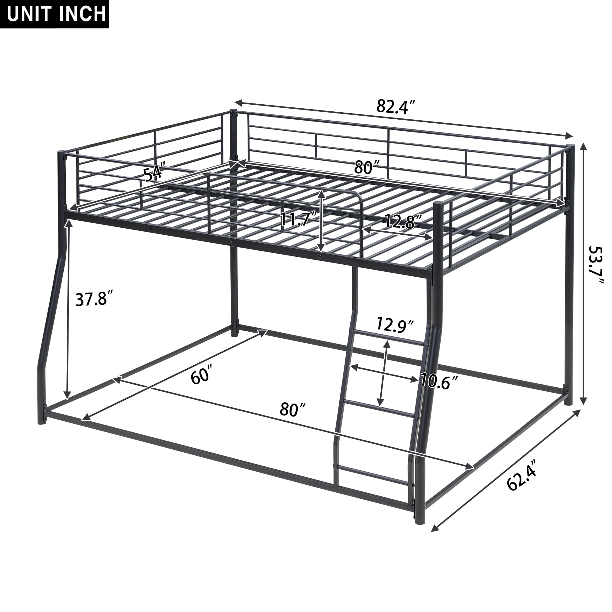 Noble House Full XL Over Queen Metal Bunk Bed,Black Industrial Frame with Guardrails & Slats,Black
