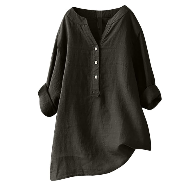 Timegard Plus Size Tops for Women Cotton Linen V Neck Button Long Sleeve Shirts Blouse Fall Loose