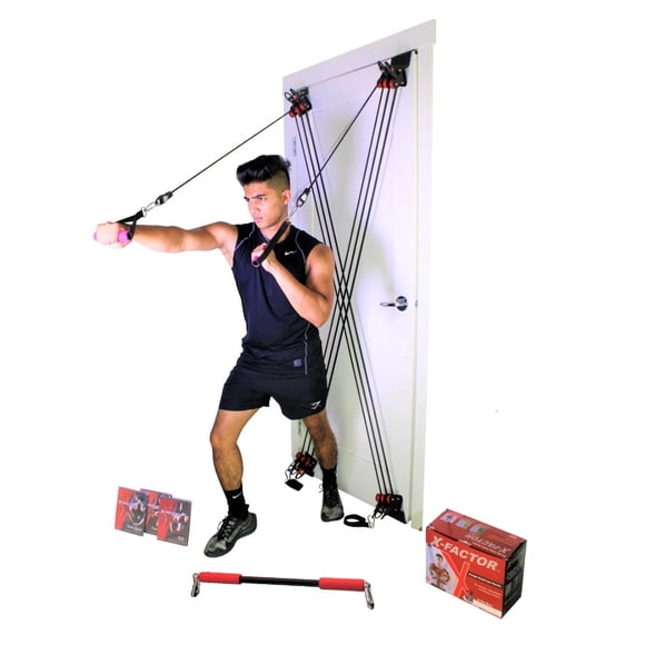 Système d'Exercice de Gym à Domicile X FACTOR pour Tout le Corps, Entraînement de Force pour Porte de Gym, Multi-Gym, Entraînement de Force à l'Entrée, Bandes de Résistance Totale pour Gym, Comprend Barre de Squat, 2X Poignées Rembourrées, 2X Sangles de Chevilles, DVD