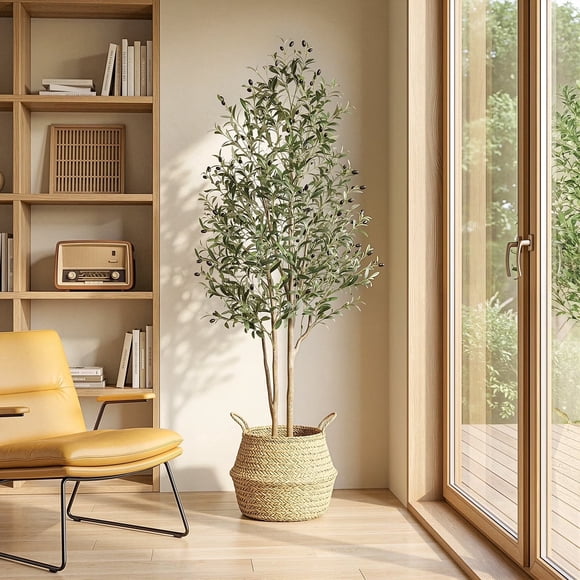 Olive Trees Artificial Indoor, 6FT Tall Faux Olive Tree, Artificial Plants with Natural Wood Trunk & Lifelike Fruits for Home Office Decor