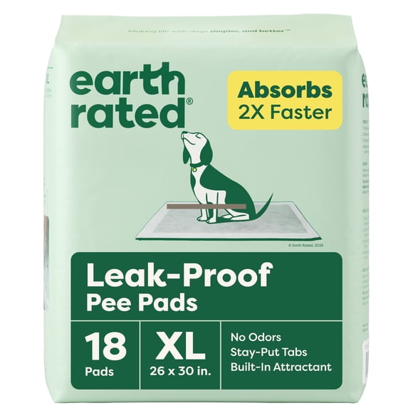 Earth Rated Leak-proof Pee Pads for Dogs and Puppies, 2X Faster Absorption*, Unscented, XL, 23x30 in., 18 Pads