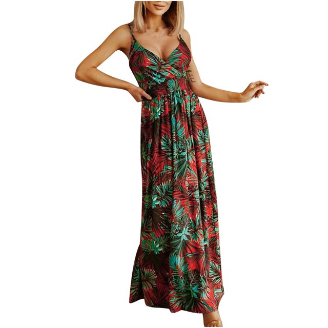 Robes d'Été pour Femmes Décontractées Bohèmes Imprimées à Bretelles à Lacets Longue Robe Dames Sans Manches Robes de Plage