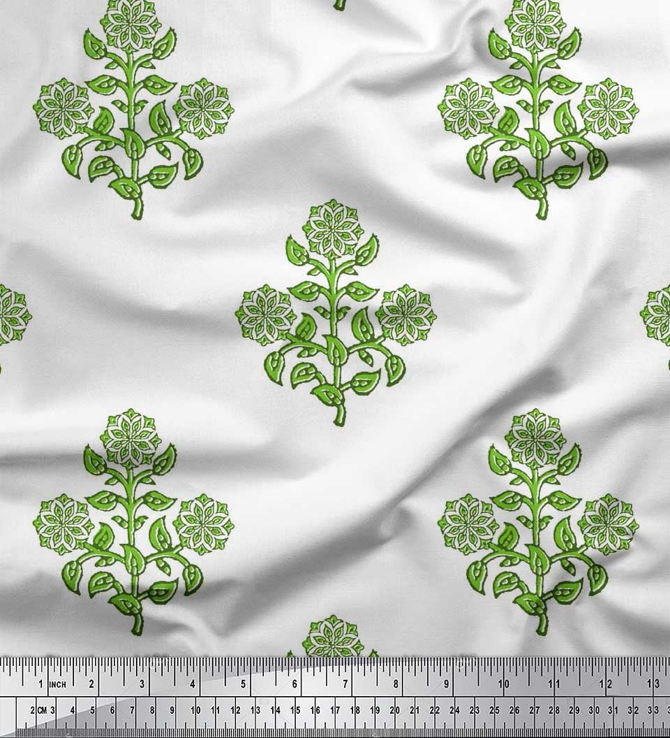 Soimoi Green Moss Georgette Fabric Leaves & Floral Block Print Fabric by Yard 42 Inch Wide