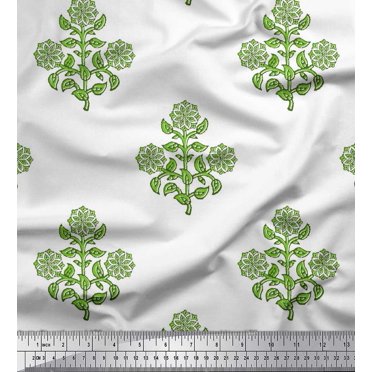 Soimoi Green polyester Crepe Fabric Leaves & Floral Block Decor Fabric Printed Yard 42 Inch Wide