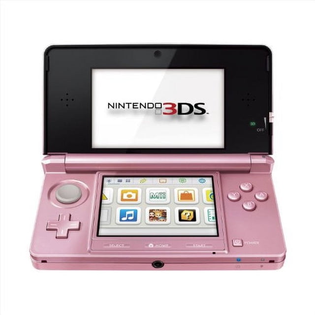 Restored Nintendo 3DS - Pearl Pink video game console shown in an open position with dual screens. The top screen displays the Nintendo 3DS logo, while the bottom touchscreen shows a menu with various app icons. Includes a stylus, SD card, and wall charger. Refurbished to like-new condition with fully functional buttons, D-pad, and control stick.