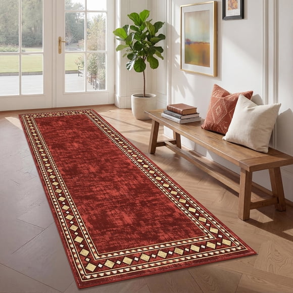 Washable Runner Rug 2x6ft - Modern Edgeed, Non-Slip, Mark Resistant, Soft Low Pile Accent Mat for Hallway, Kitchen, Laundry - Red