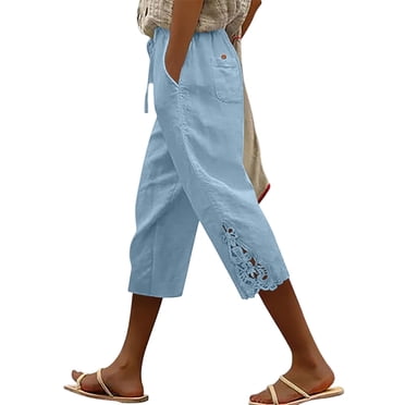 Nfurl Linen Capris Women Elegant Lace Trim Capri Pants with Pockets Drawstring Elastic Waist Summer Casual Cropped Pants Lightweight Capris Light Blue,S