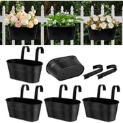 Metal Railing Planter for Outdoor Plants - 5 Pack Balcony Hanging Flower Pots with Detachable Hooks and Drain Holes Oval Bucket Rail Box Fence Planters for Home Garden Decor, Black