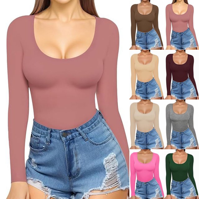 Womens Long Sleeve Shirts Fitted Tops Scoop Neck Slim T Shirts Going Out Tops Basic Tees Coffee