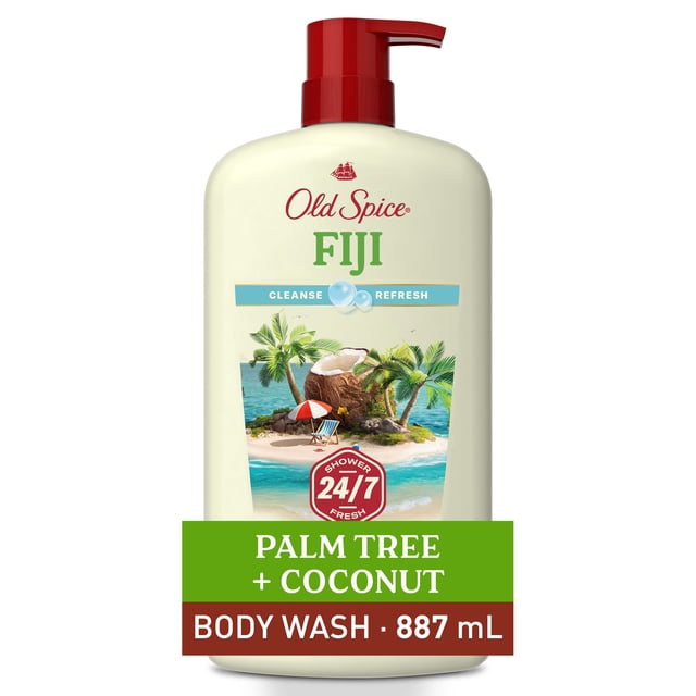 Old Spice Men's Body Wash Fiji with Palm Tree, 24/7 Shower Fresh in an 887 mL beige bottle with red pump, featuring a tropical island design with palm trees, coconut, and ocean waves, formulated to cleanse and refresh skin with a long-lasting scent.