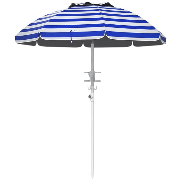 Outsunny 5.7' Beach Umbrella with Tilt, Cup Holders, Hook, Blue and White