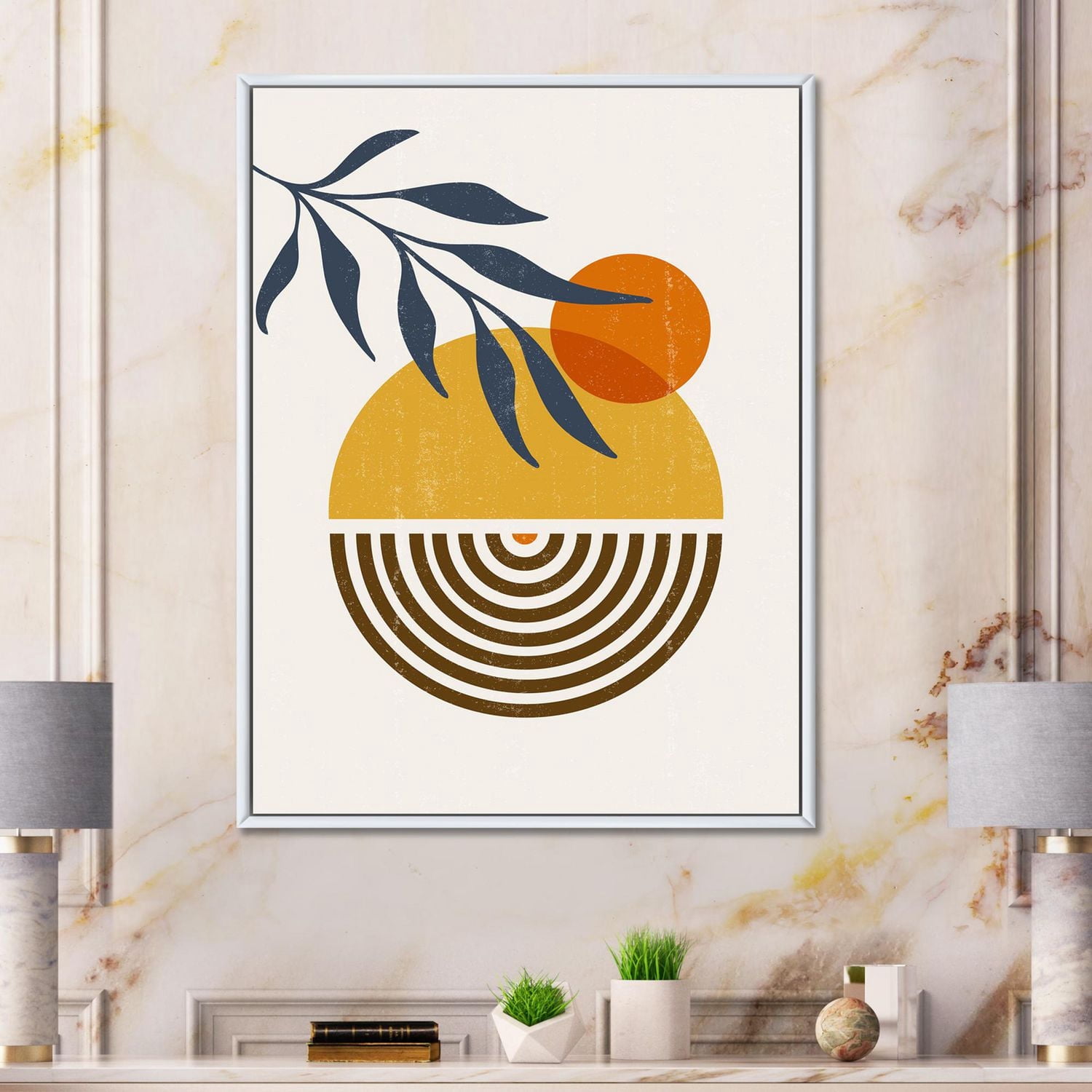 Designart Botanical Minimalist Leaf With Abstract Shapes IV FLOAT FRAME WALL ART