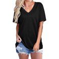 thumbnail image 1 of Nouveau T-Shirt Décontracté Col en V pour Femmes Manches Courtes Haut Ample Blouse Patchwork, 1 of 2