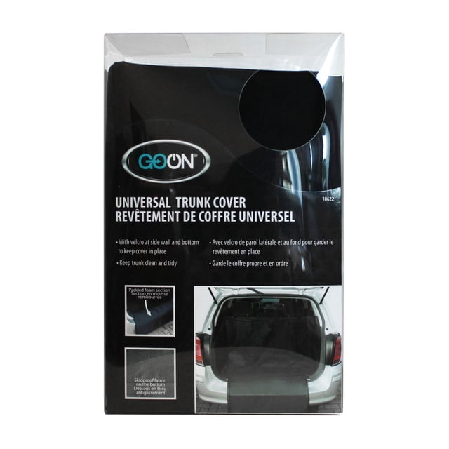 GoOn Universal Trunk Cover packaging showing features including velcro on side walls and bottom to keep cover in place, padded foam bumper section to reduce wear, skidproof fabric on the bottom, and an image of the cover installed in a vehicle trunk to protect from dirt and stains.