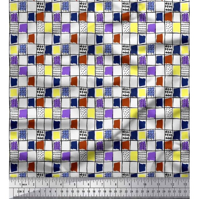 Soimoi Moss Georgette Fabric Check & Brush Stroke Abstract Print Fabric by The Yard 42 Inch Wide