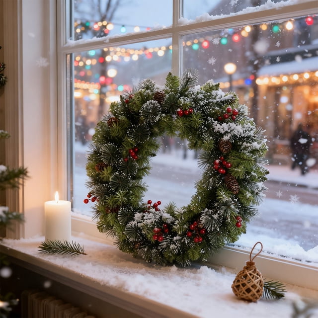 Couronne d'Épinette de Noël Artificielle avec Lumières Prééclairées à Piles, Comprenant des Extrémités de Branches en PVC Ornées de Pommes de Pin, de Baies Rouges et d'Accent Givrés. Parfaite pour la Déco des Fêtes, Exposée sur un Rebord de Fenêtre avec Neige et Éclairage Festif en Arrière-Plan. Offerte en Formats 20 cm, 30 cm et 40 cm, Convient à une Utilisation Intérieure Ou Extérieure Couverte.