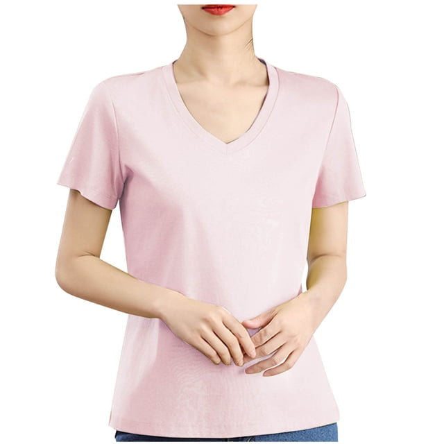 Timegard Womens Tops V Neck Short Sleeve Comfy Solid Color Basic Tee Casual Loose Workout Top Summer