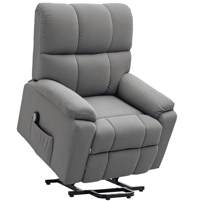 HOMCOM Lift Chair, Electric Reclining Chair with Side Pocket and Remote in grey corduroy fabric. Ideal for living room seating, it features a power lift mechanism for easy mobility, reclining up to 135° with a footrest, and two side pockets for storage. Steel frame construction supports up to 264 lbs.