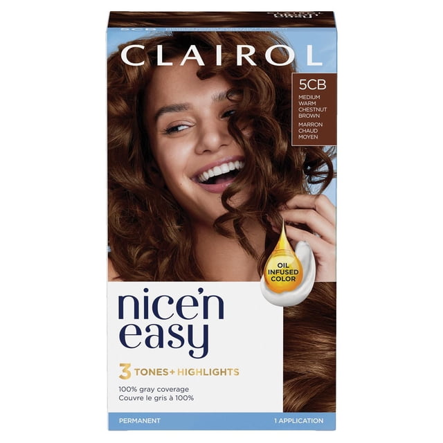 Clairol Nice'n Easy Permanent Hair Dye in shade 5CB Medium Warm Chestnut Brown, featuring oil infused color with 3 tones and highlights for 100% gray coverage, shown in a box with brown curly hair strands and product branding, designed for one permanent application.
