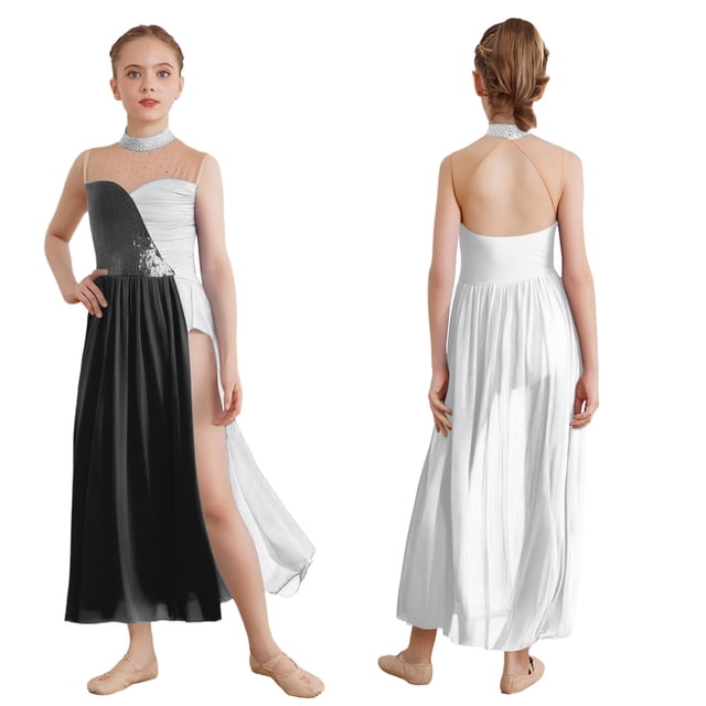 Jizyo Robe de Danse Sans Manches pour Filles à Sequins Color Block Costume de Danse Lyrique Tenues de Ballerine Blanc 8