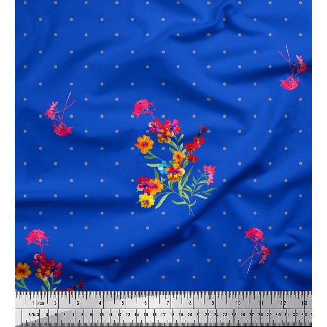 Soimoi Poly Georgette Tissu Dot, Feuilles & Pervenche Imprimé Floral 1 Yard 52 Inch Wide