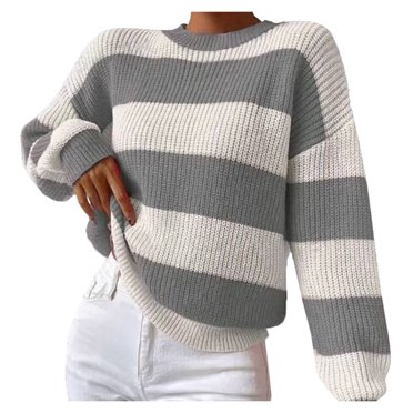 TJAZFJPA Pullover Sweaters for Women Hoodie Knit Women's Striped Long Sleeve Crew Neck Knitted Sweater Pullover Top Chunky Sweater Dressy Chunky Sweater Women Beige