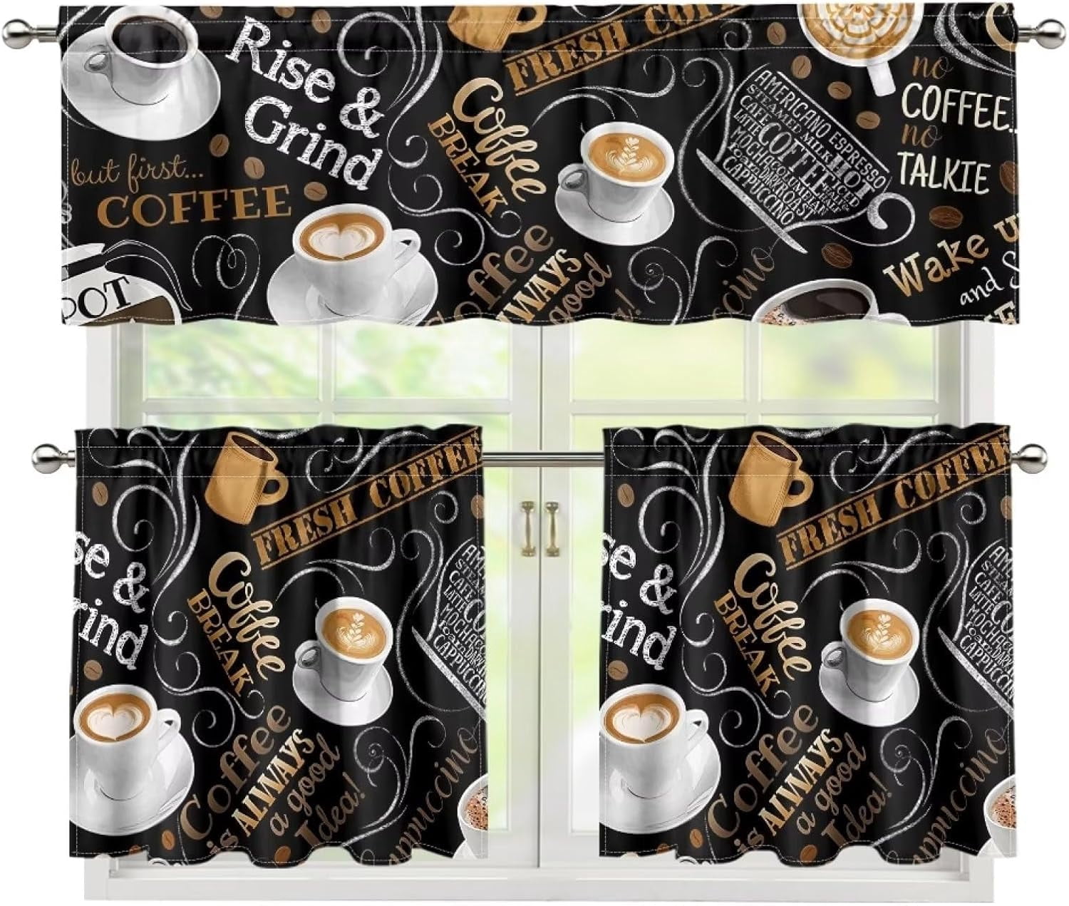 Coffee Theme Kitchen Curtain Valance and Tiers Set Small Window Treatment Valance Curtain Insulated Drapes with 2 Tiers Curtains for Kitchen Bathroom Living Room