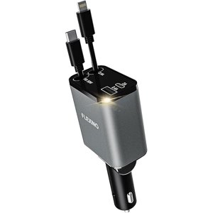 YJJSKEJI Chargeur de voiture rétractable pour iPhone 16, 69W Chargeur de voiture rapide USB C, Chargeurs de voitures avec 2 Cordes rétractables 2.6ft, Adaptateur de voiture pour iPhone 16/15/14/13/12 Series, Galaxie, Gris