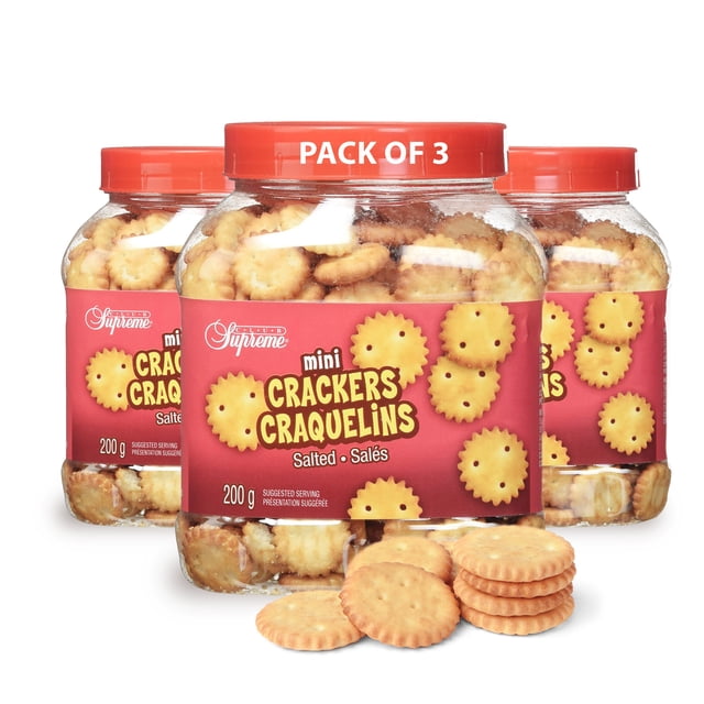 Club Supreme Mini Crackers Salted, 200G (Case Pack of 3), featuring three jars of golden, crispy mini crackers with a classic salted taste. Each jar is labeled with a red design and contains 200 grams of crackers, perfect for snacking, pairing with cheese, or sharing. The jars are sealed with red lids and prominently display 'Pack of 3' on the top.