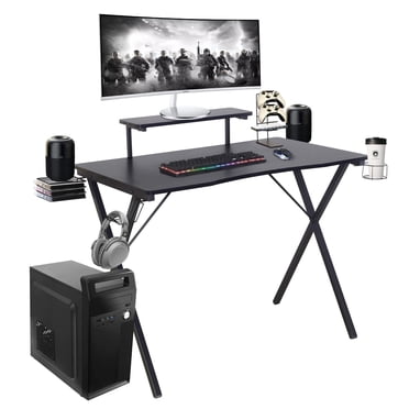 Bureau de Jeu pour Ordinateur en Forme de x avec Support d'Écran Intégré, Crochet et Porte-Gobelet, 2 Paniers Audio, 39 Pouces L x 23.6 Pouces L x 29.5 Pouces H