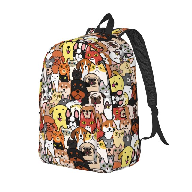Wukai Cats & Dogs Group Print Durable Canvas Laptop Backpack - Adjustable Shoulder Straps, Water-Resistant, Large Capacity, Unisex for School, Office-Medium