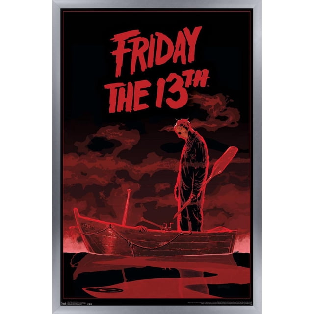 Friday The 13th - Affiche Murale de Bateau, 22,375 Pouces x 34 Pouces Représentant une Figurine Stylisée Portant un Masque de hockey Debout dans un Bateau à Rames en Bois Tenant une Rame, avec Texte Audacieux « Friday The 13th » Rouge au-Dessus et un Fond Rouge Fumé, Imprimée sur Papier Brillant Idéale pour l'Art Mural et la Déco de Pièce dans les Chambres, Bureaux Ou Dortoirs.